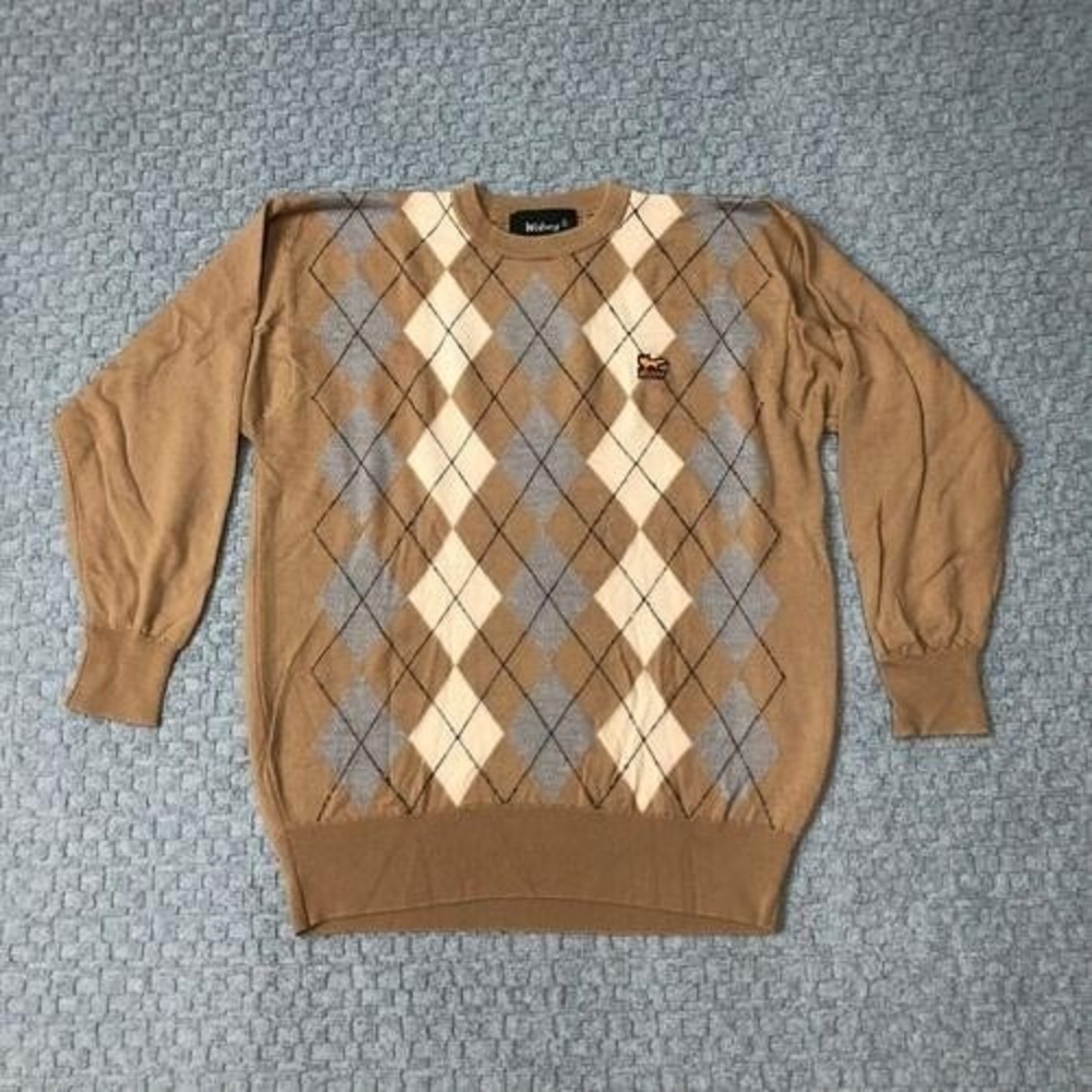 Wolsey Sweater Mens 100 Brown Argyle Pure New Wool Crewneck Fox Logo Made UK